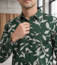 Green floral printed cotton shirt for men