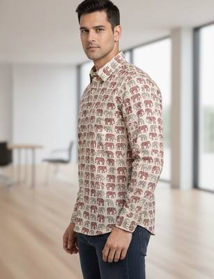 White block print cotton casual shirt for men 4