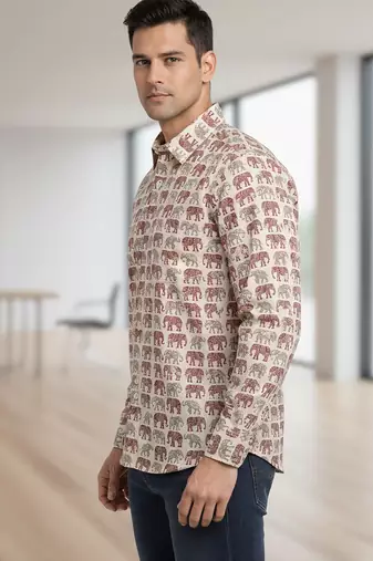 White block print cotton casual shirt for men