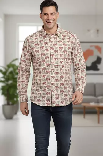 White block print cotton casual shirt for men
