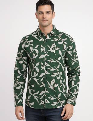 Green floral printed cotton shirt for men 1