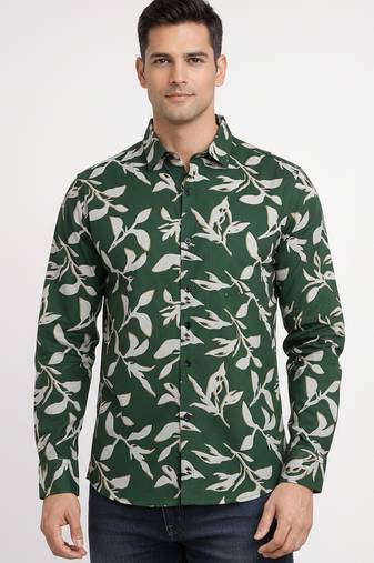 Green floral printed cotton shirt for men