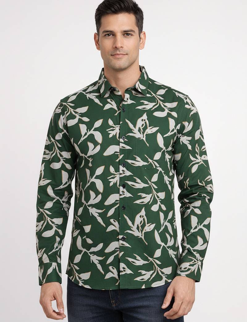Green floral printed cotton shirt for men