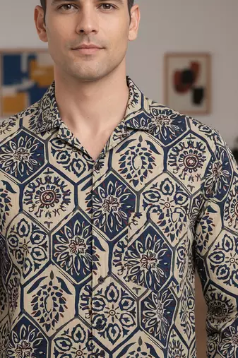 White floral printed cotton shirt for men