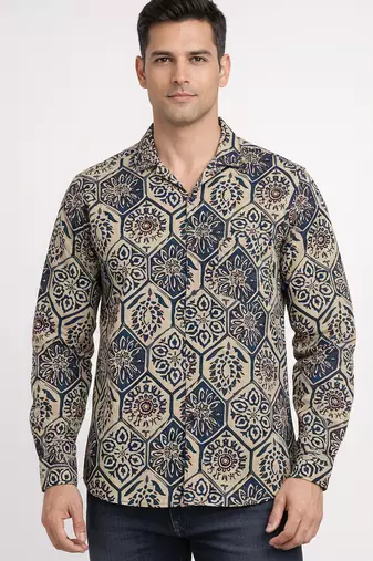 White floral printed cotton shirt for men