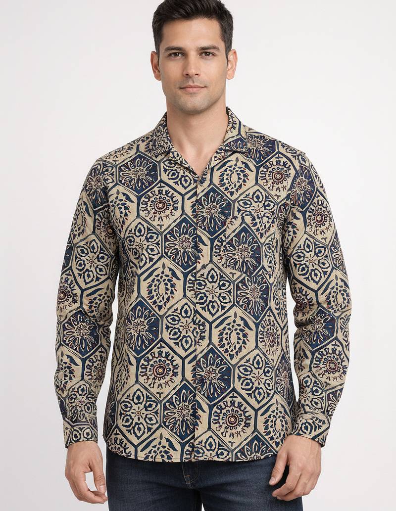 White floral printed cotton shirt for men
