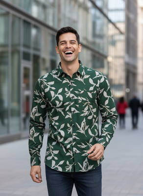 Green floral printed cotton shirt for men 3