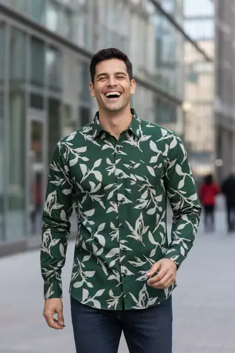 Green floral printed cotton shirt for men