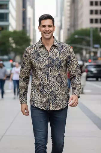 White floral printed cotton shirt for men
