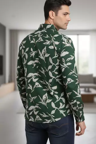 Green floral printed cotton shirt for men
