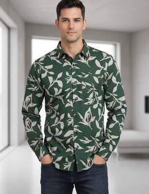 Green floral printed cotton shirt for men 5