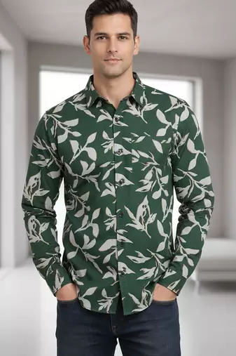Green floral printed cotton shirt for men