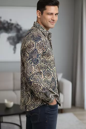 White floral printed cotton shirt for men