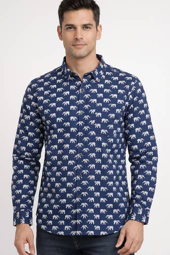 Blue block print cotton casual shirt for men