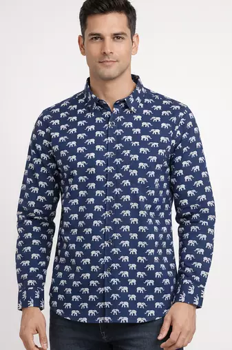 Blue block print cotton casual shirt for men