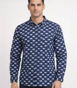 Blue block print cotton casual shirt for men