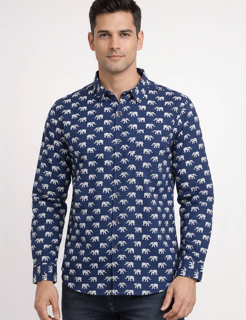 Blue block print cotton casual shirt for men