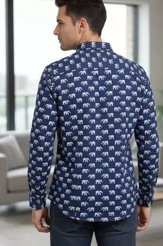 Blue block print cotton casual shirt for men