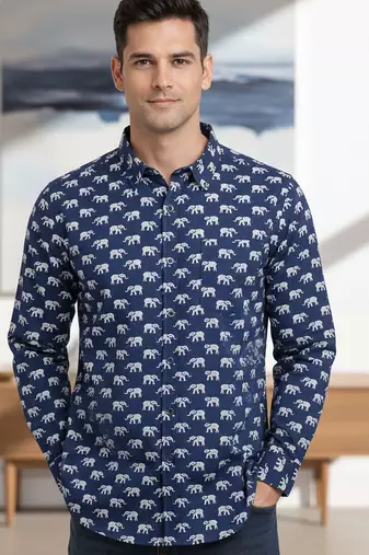 Blue block print cotton casual shirt for men