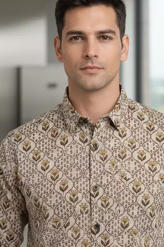 White floral printed cotton shirt for men