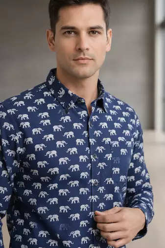 Blue block print cotton casual shirt for men