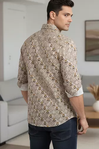 White floral printed cotton shirt for men