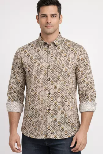 White floral printed cotton shirt for men