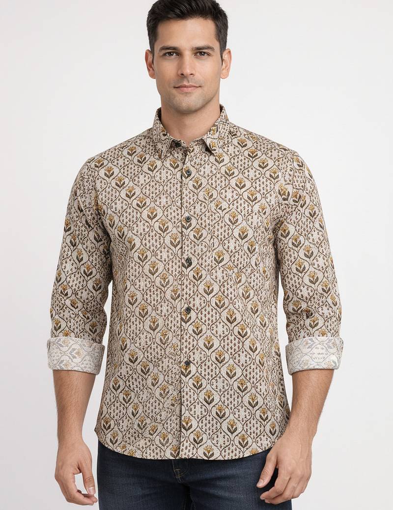 White floral printed cotton shirt for men