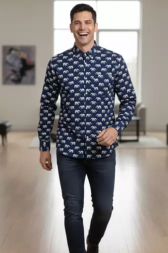 Blue block print cotton casual shirt for men