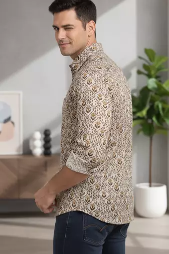 White floral printed cotton shirt for men
