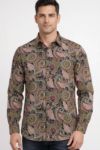 Brown floral printed cotton shirt for men
