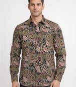Brown floral printed cotton shirt for men