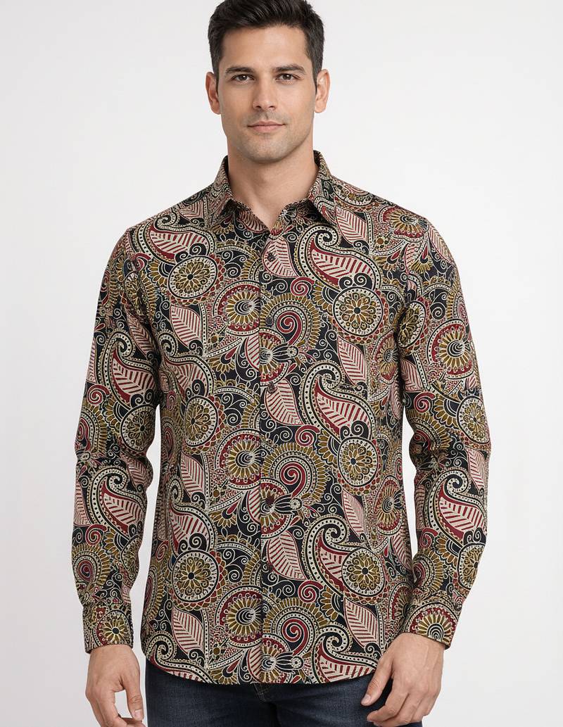 Brown floral printed cotton shirt for men