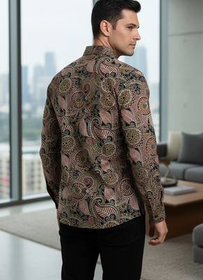 Brown floral printed cotton shirt for men 2