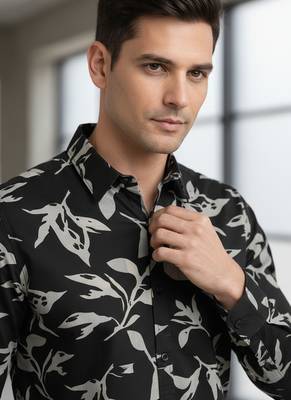 Black floral printed cotton shirt for men 2