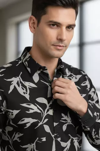 Black floral printed cotton shirt for men