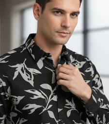 Black floral printed cotton shirt for men