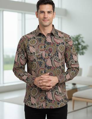 Brown floral printed cotton shirt for men 3