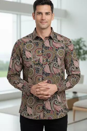 Brown floral printed cotton shirt for men