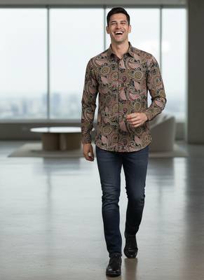Brown floral printed cotton shirt for men 4