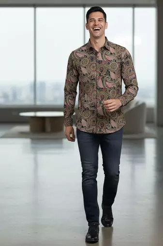 Brown floral printed cotton shirt for men