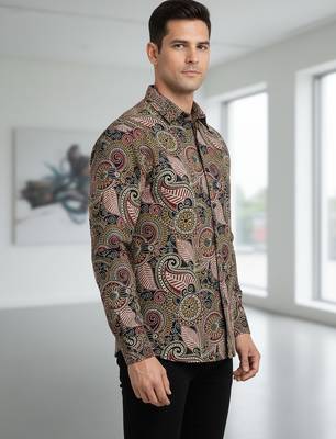 Brown floral printed cotton shirt for men 5
