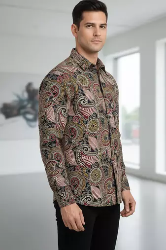 Brown floral printed cotton shirt for men