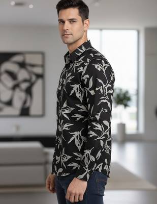 Black floral printed cotton shirt for men 3