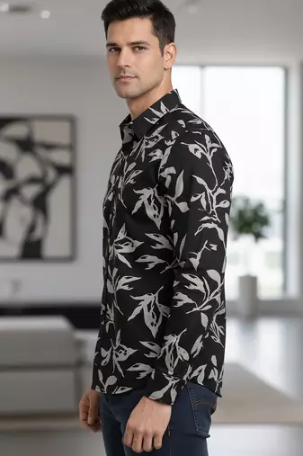Black floral printed cotton shirt for men