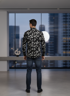 Black floral printed cotton shirt for men 4