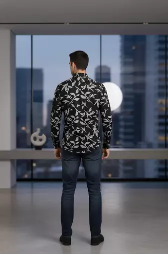 Black floral printed cotton shirt for men