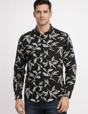 Black floral printed cotton shirt for men 1