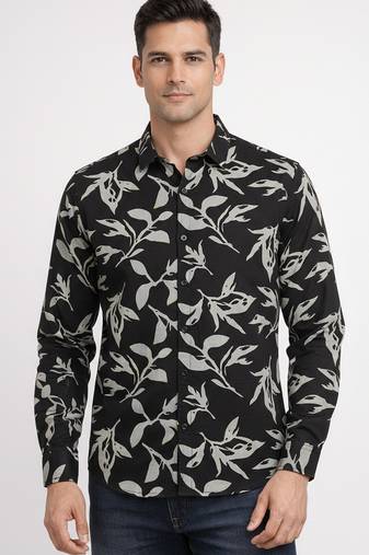 Black floral printed cotton shirt for men