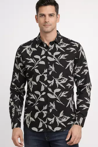 Black floral printed cotton shirt for men